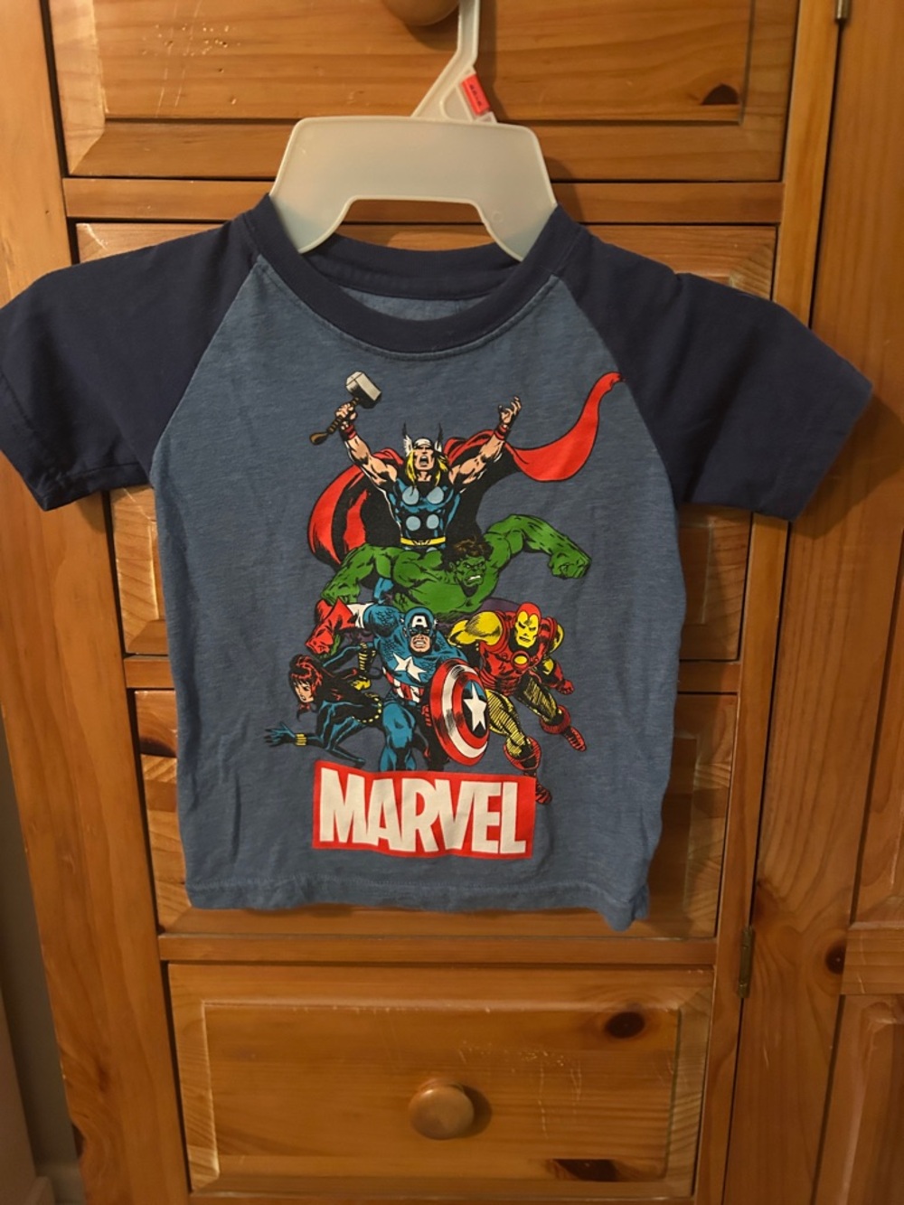 Marvel Blue Raglan Avengers Graphic Tee with Red Accents